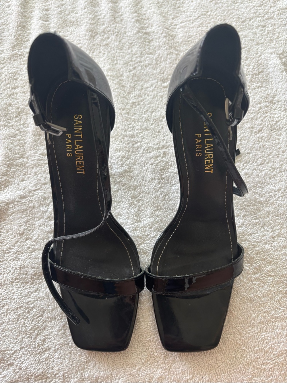 Saint Laurent Black Patent Opyum Logo Heel Sandals with Ankle Strap - Picture 4 of 6